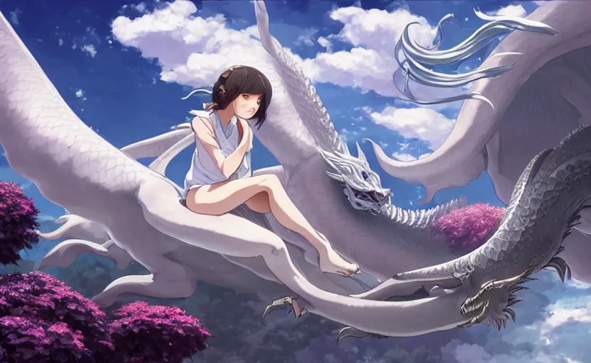 Prompt: a hyper detailed big render that a beautiful girl sitting on the back of a huge silver white dragon alone in fairyland surrounded by white clouds, finely detailed angelic face, style of studio ghibli, makoto shinkai, xision, ilya kuvshinov and artgerm, kazuki tanahashi, james jean, animation style, curve composition, ultra wide angle