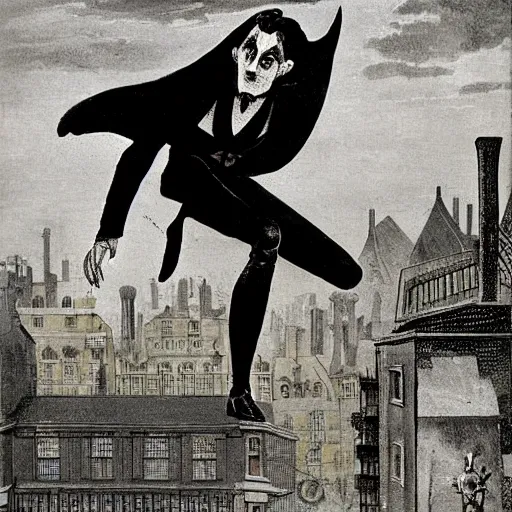 Prompt: spring-heeled jack, aristocrat devil jumping over the roofs of victorian london, by max ernst