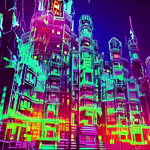 Prompt: Cyberpunk Castle, neon art, cyberwave