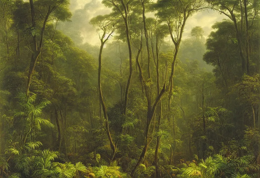 Prompt: a detailed botanical landscape painting of a flowering plant in the forest jungle, painting by martin johnson heade, high humidity rainforest weather