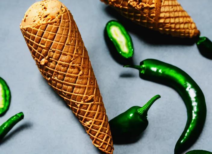 Prompt: dslr food photograph of ice cream cone with sliced jalapeno topping, 8 5 mm f 1. 8