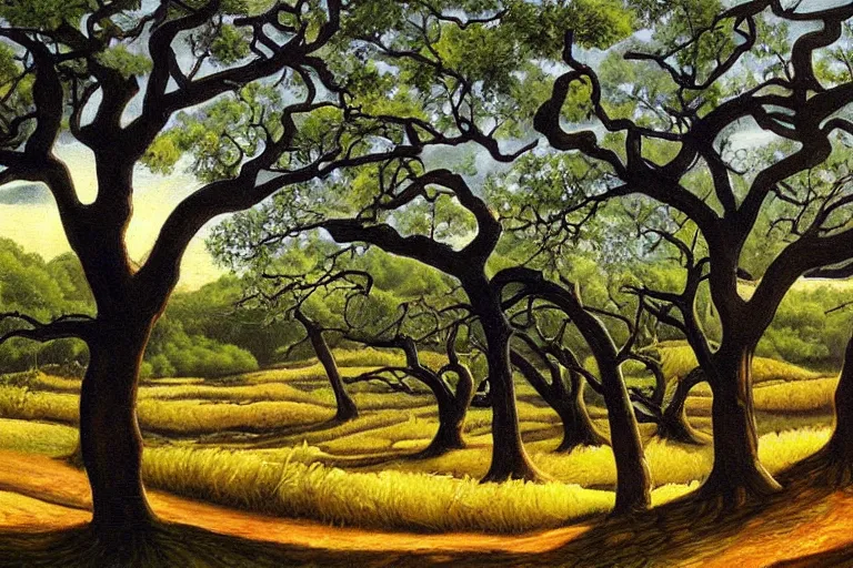 Image similar to masterpiece painting of oak trees on a hillside overlooking a creek, dramatic lighting, by kelly freas