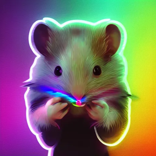 Image similar to cyberpunk hamster holding rainbow gem! crystal, neon lights, light reflection, 8 k, hd