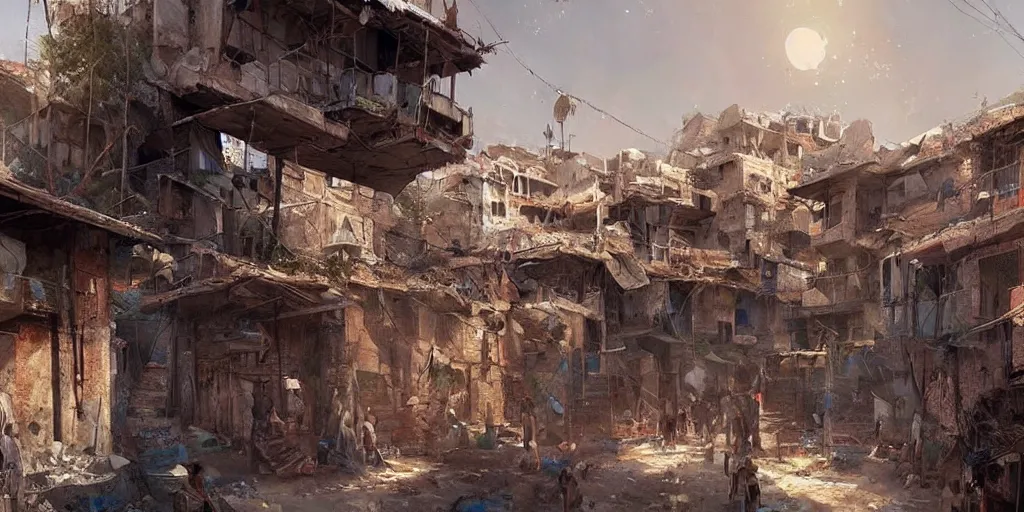 Image similar to hyper realistic, beautiful syrian slums village, concept art for videogames, painted by greg rutkowski, highly detailed,