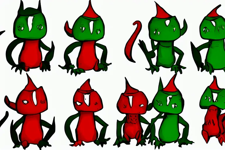 Prompt: red on green blue black simple colors white background simple ms paint doodle of group portrait of grey goblins looking funny looking smug