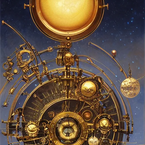 Prompt: detailed, well-lit studio photo of an elegant, detailed, complex mechanical steampunk brass orrery with a glowing sectioned glass sun, elegant highly detailed digital painting artstation smooth sharp focus illustration, by Michael Whelan, James Gurney, John Williams Waterhouse, and Donato Giancola