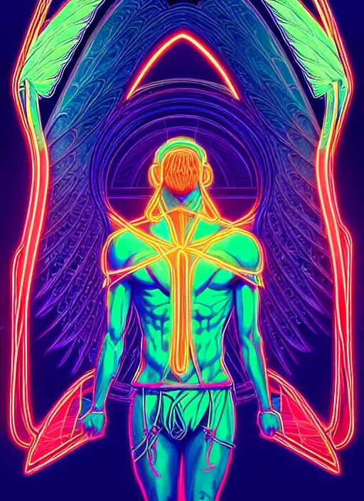 Prompt: symmetry!! concept art, art by dan mumford!!, full shot, sketch!! of a male angel, intricate, elegant, bright neon colors, glowing lights, highly detailed, digital painting, artstation, glamour pose, smooth, sharp focus, illustration,