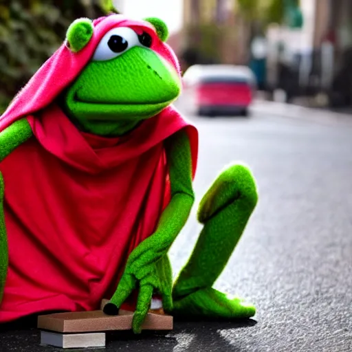 Image similar to stunning awe inspiring kermit the frog homeless begging for money with a sign, movie still 8 k hdr atmospheric lighting