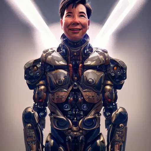 Prompt: a portait of cyborg michael mcintyre, there is a dragon in the background, anatomy, bathed in light, highly detailed, photorealistic, artstation, smooth, sharp focus, illustration, unreal engine 5, 8 k, art by artgerm and greg rutkowski and edgar maxence