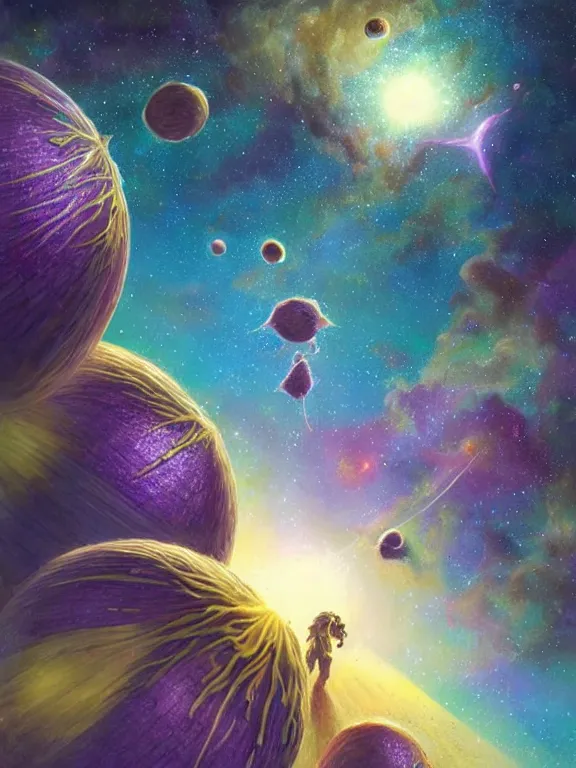 Image similar to round coconut spacerocket in beautiful vanilla orchids flowers galaxy cosmic nebula, epic, style of moebius, vincent di fate, michael whelan, mucha volumetric light, mega detailed, unreal engint 5, beautiful composition, beautiful lighting