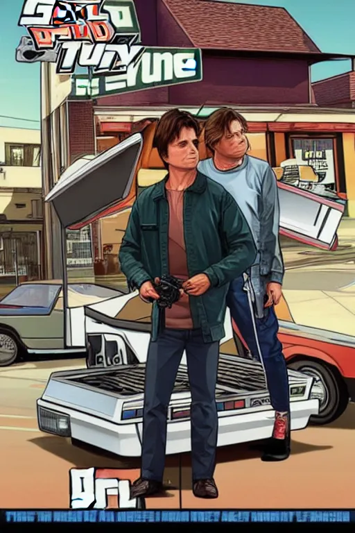 Prompt: GTA V cover art based on Back to the Future, starring Marty Mcfly, played by Michael J Fox. Marty Mcfly on the cover.