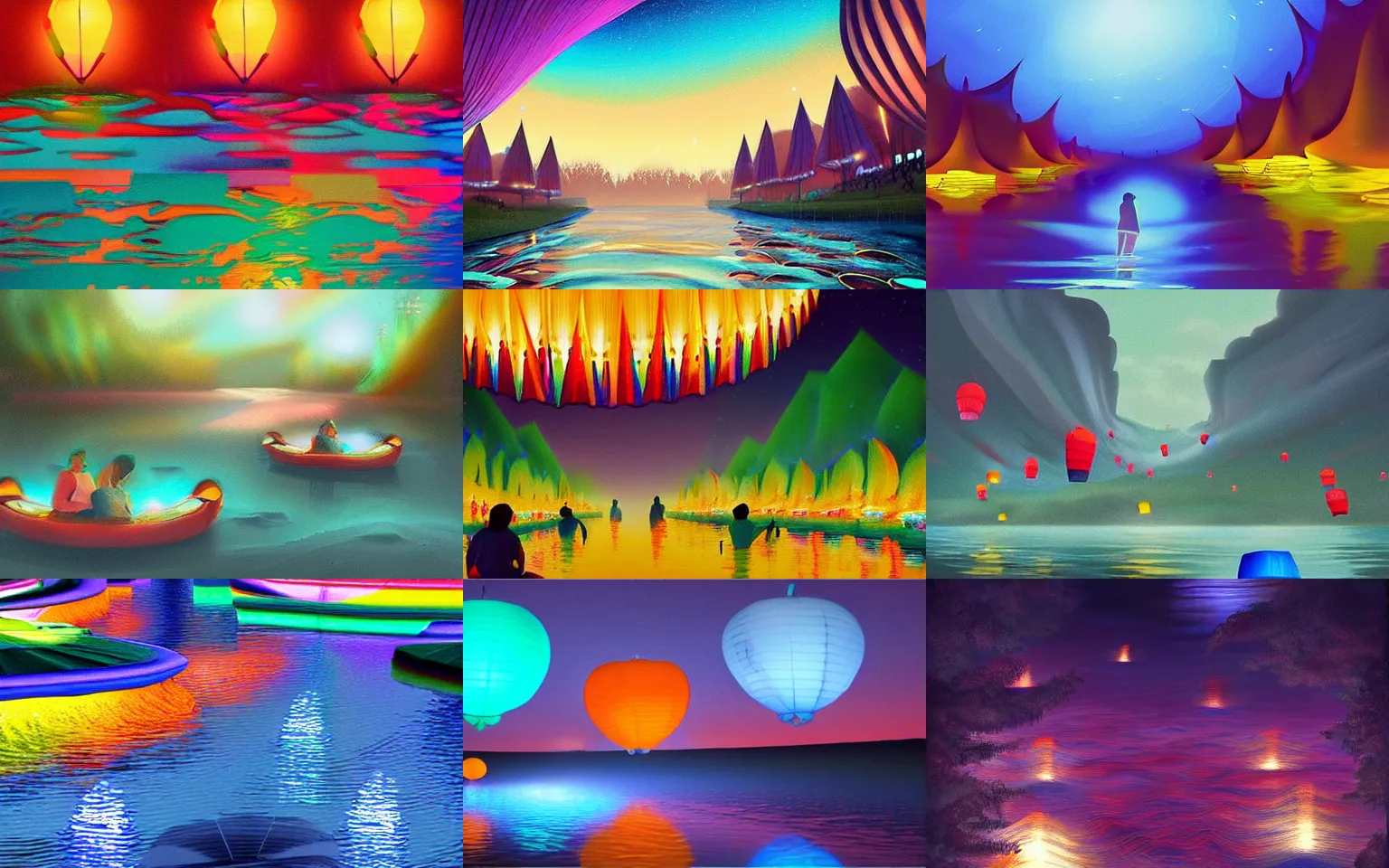 Prompt: ((crowd watching)) paper-lanterns glowing in many colors!!! many colors!!! floating down a river at night. beautiful digital (detailed) landscape painting, matte painting trending on artstation