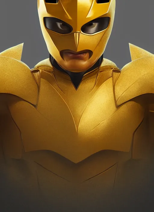Image similar to bust, head and torso only, yellow ranger, trending on artstation, unreal engine, movie poster, fine detail, extremely detailed, sharp focus, smooth, digital illustration, by rossdraws, frank franzzeta, sakimichan, corrected hand, perfect hands, 4 k