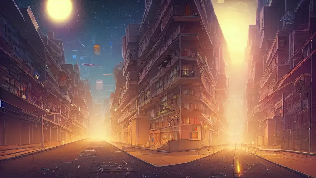 Image similar to the empty city street looking towards the spaceport at night by cyril rolando and naomi okubo and dan mumford
