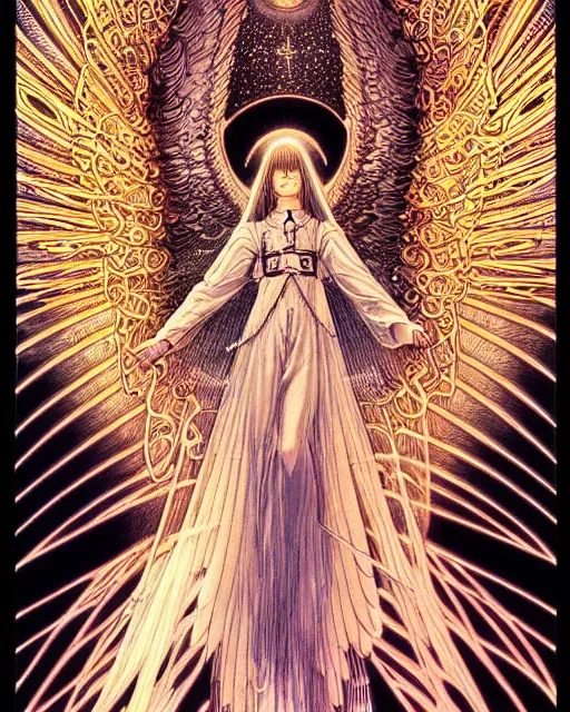 Image similar to hyper detailed illustration of an angel made of light, very holy, intricate linework, lighting poster by moebius, ayami kojima, 90's anime, retro fantasy