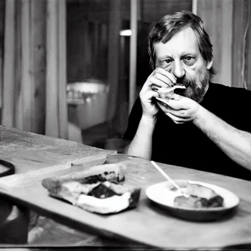 Prompt: Slavoj Zizek trying to eat a sandwich but it keeps disintegrating into both saliva and ideology before it gets to his mouth wearing a black t-shirt v-neck Dom Qwek igor wolski greg simpkins kirbi fagan alex heywood greg rutkowski john howe sergi brosa dave melvin sam nielson anthony sieben thomas duchek andree wallin adam adamowicz piotr kowalski bobby chiu jared nickerson jake souva marc sarmel goro fujita