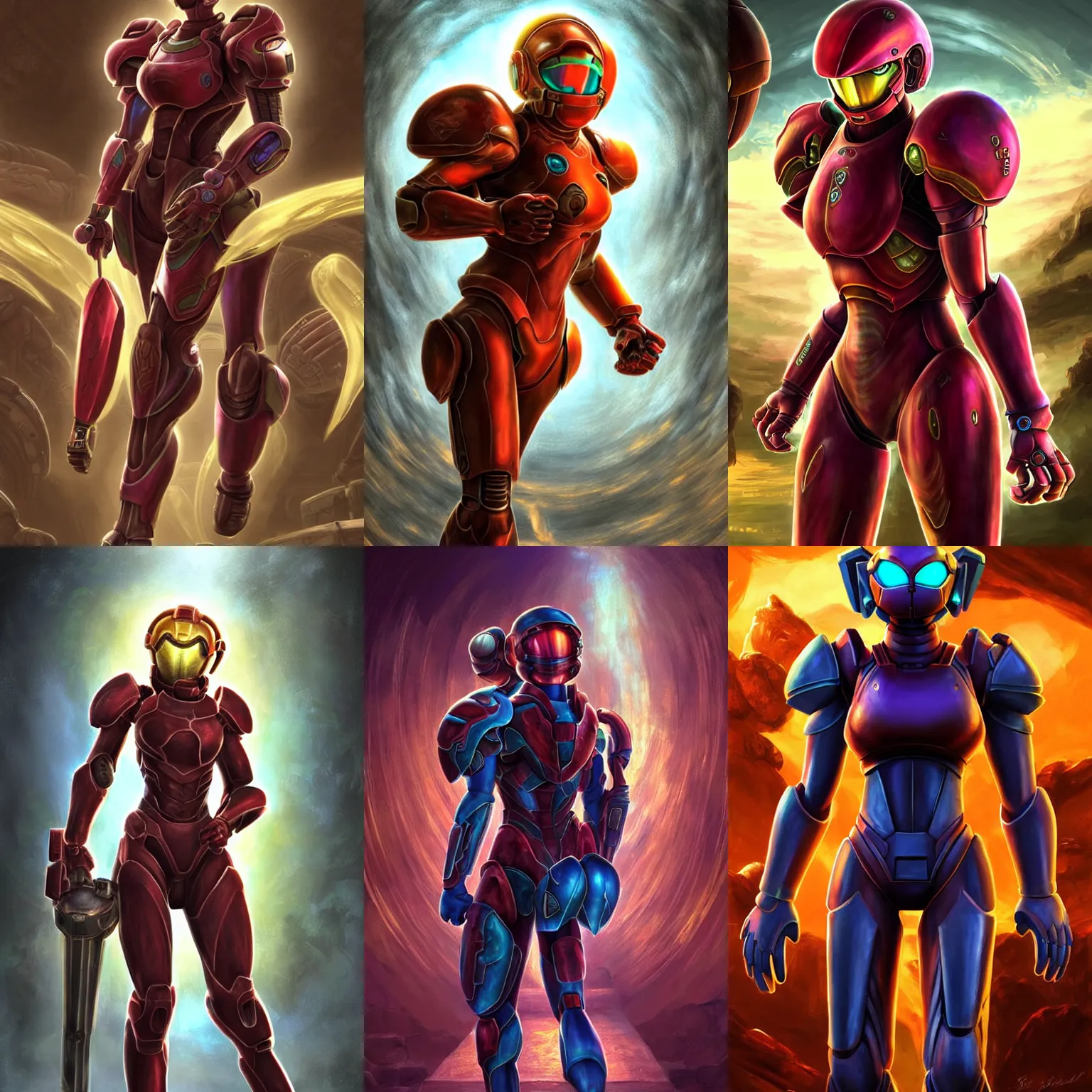 Prompt: character portrait of samus aran from metroid walking through an ancient temple, 8 k, realistic shading, digital painting, matte painting, illustration, metroid!!!!!!!!!!!, segmented armor, power armor, halo infinite, good value control, moody lighting, tense atmosphere, vibrant colors, john singer sargent