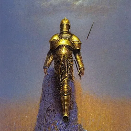 Image similar to mighty knight in golden armour. He has golden hairs. Painting by Beksinski