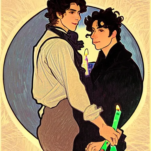 Image similar to painting of young cute handsome beautiful dark medium wavy hair man in his 2 0 s named shadow taehyung and cute handsome beautiful min - jun together at the halloween! party, bubbling cauldron!, candles!, smoke, autumn! colors, elegant, wearing suits!, delicate facial features, art by alphonse mucha, vincent van gogh, egon schiele