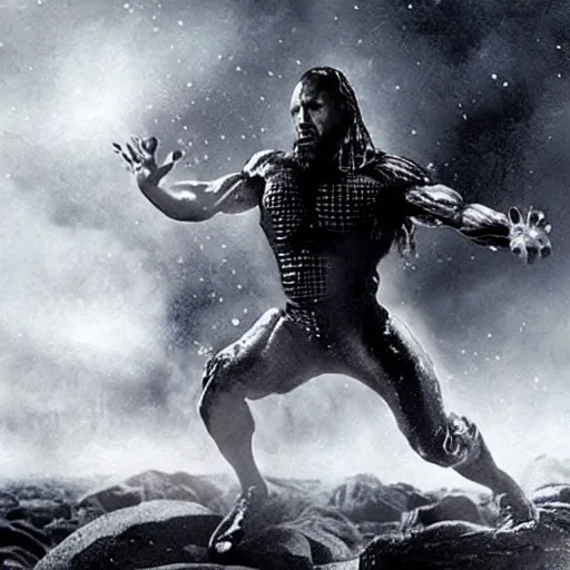 Prompt: “ the rock with hair, shot by christopher nolan, directed by michael bay, concept art ”