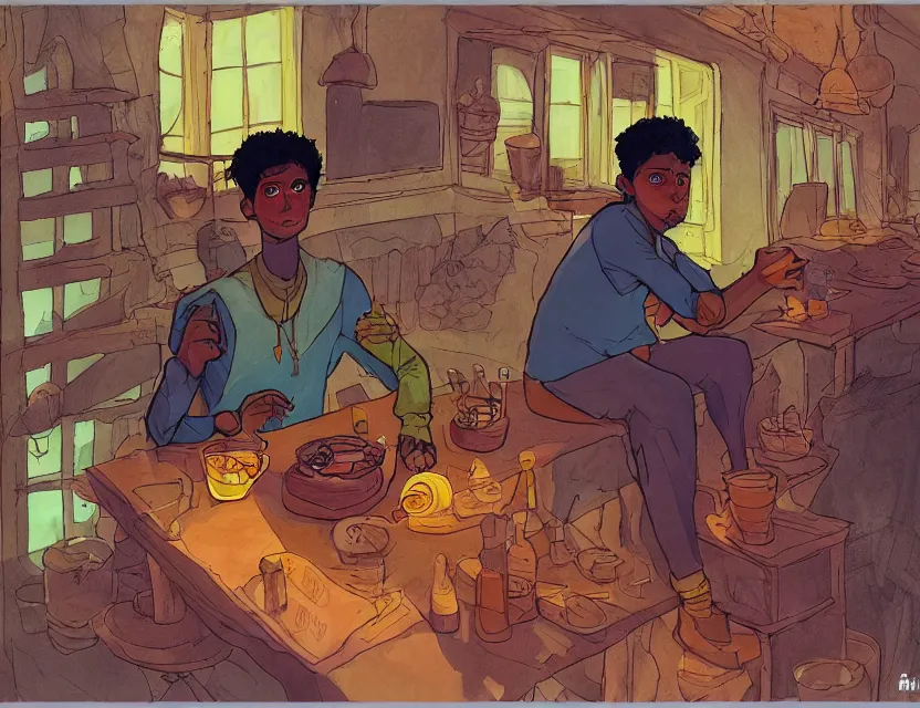 Prompt: brown - skinned witch boy in a suspicious cafe. complementary colors, copic markers, indie concept art, bloom, chiaroscuro, backlighting, intricate details.