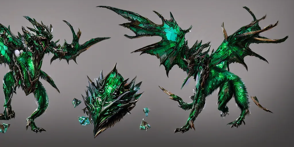 Image similar to Emerald four legged crystal bat, character design sheet, Monster Hunter Illustrations art book, big claws, sharp fangs, huge wings, long tail, iridescent scale patterns, cluster of crystals as spikes on its back, Moebius, Greg Rutkowski, Zabrocki, Karlkka, Jayison Devadas, Phuoc Quan, trending on Artstation, 8K, ultra wide angle, zenith view, pincushion lens effect.