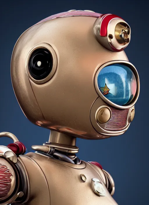 Prompt: highly detailed closeup, face profile portrait of a retro 1 9 5 0 s tin toy robot spacegirl wearing a bikini, unreal engine, nicoletta ceccoli, mark ryden, earl norem, lostfish, global illumination, detailed and intricate environment
