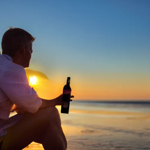 Image similar to a man sitting on the beach, drinking a bottle of bird-dog whiskey at sunset. High detail, 4k