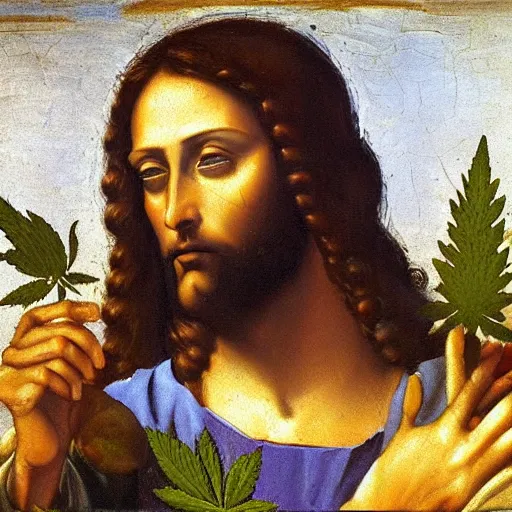 Image similar to an impasto oild painting of jesus holding a cannabis flowers painted by leonadro da vinci, rennaissance painting, high detailed oil painting, masterpiece, artstation