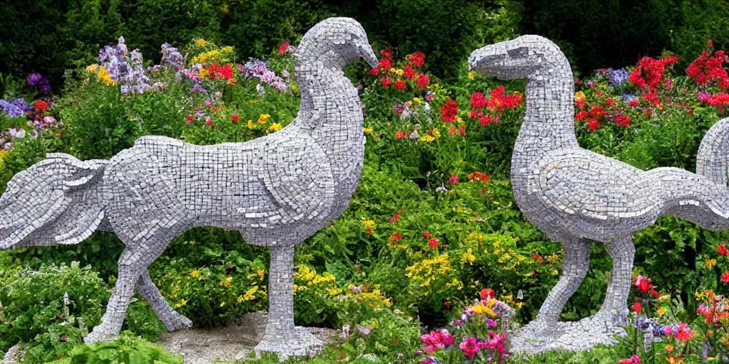 Image similar to extremely detailed pebble mosaic statue, of a griffin, in an english cottage style flower garden