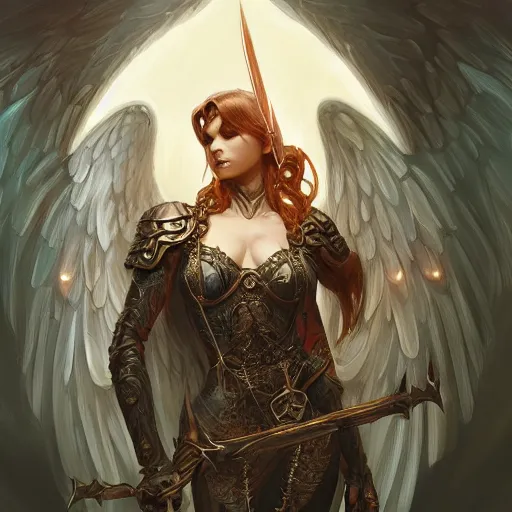 Image similar to the angel of death, d & d, fantasy, intricate, elegant, highly detailed, digital painting, artstation, concept art, matte, sharp focus, illustration, hearthstone, art by artgerm and greg rutkowski and alphonse mucha