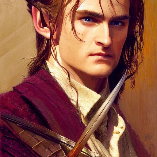 Image similar to a beautiful painting of attractive legolas the elf at the apple event, highly detailed painting by gaston bussiere, craig mullins, j. c. leyendecker 8 k