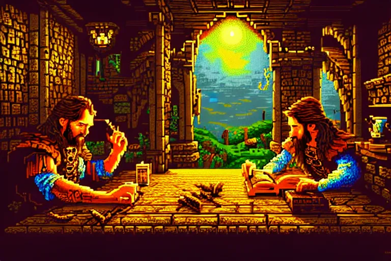 Image similar to the bard's tale, beautiful detailed pixelart by albertov, intricate details, beautiful, dithered gradients, volumetric lighting, cgsociety, artstation, smooth, sharp focus, 2 d illustration, amazing art by dan mumford, old school computer game graphics, pixel art