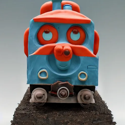 Prompt: zombie apocalypse thomas the tank engine clay sculpture, ominous