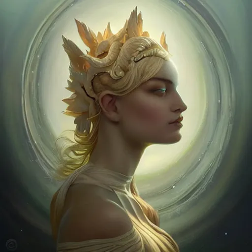 Image similar to a beautiful portrait of a celestial goddess by Jim Burns and Tom Bagshaw, Trending on Artstation, hands: -1