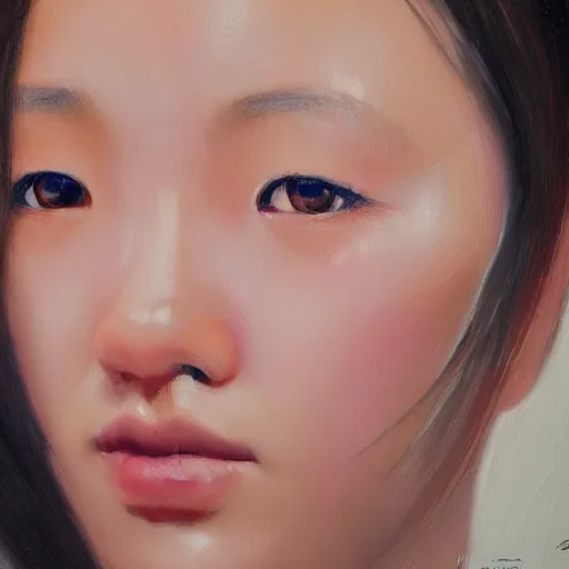 Image similar to perfect, realistic oil painting of close-up japanese girl face, by Sakimichan, by an American professional senior artist, Hollywood concept, dynamic composition and motion, postproduction.