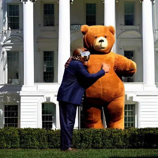 Image similar to kanye west giving donald trump a big bear hug in front of the white house while kanye smells trumps hair