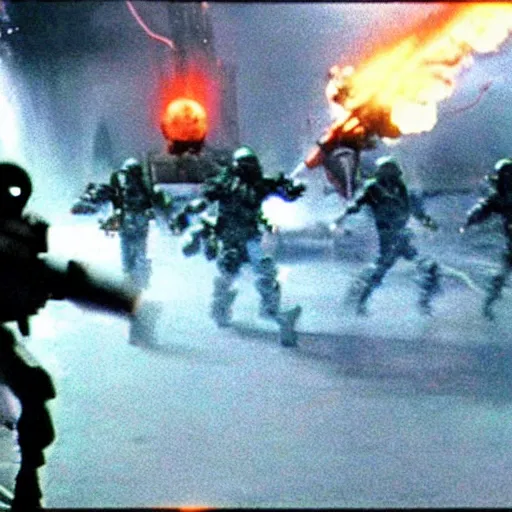 Prompt: film still from the 'Future Force' (1995). Exciting futuristic action scene with explosions and a motorcycle jumping a bridge. Sigma 85mm f/2.4