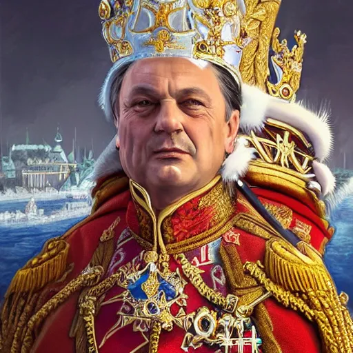 Prompt: an extremely realistic portrait depicting the coronation of viktor orban dressed in royal national costume, on the frozen danube, detailed, intricate, elegant, highly detailed, hyper realistic face, digital painting, artstation, concept art, smooth, sharp focus, illustration,