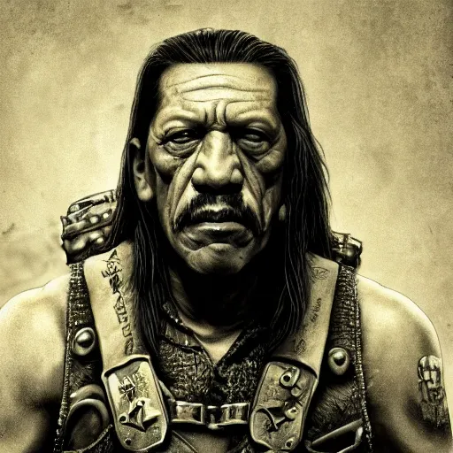 Prompt: Portrait of Danny Trejo, realistic character concept, warhammer fantasy, dark and gritty atmosphere, golden ratio, cinematic lighting, hyperdetailed, high resolution, insanely detailed and intricate, Oscar Soler, trending on artstation