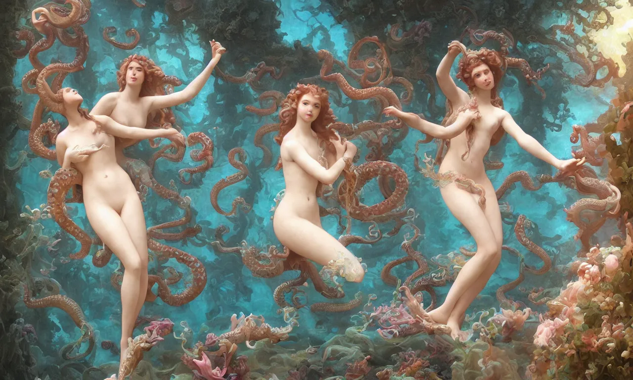 Prompt: a luminous springtime fairytale of beautiful realistic mermaid women frolicking among octopuses and fish and coral and seahorses in the romantic courtyard of an underwater baroque white marble cathedral with stained glass windows. Neon light, masterpiece 4k digital illustration by Ruan Jia and Mandy Jurgens and William-Adolphe Bouguereau, award winning, Artstation, Gustave Dore' background, intricate details, realistic, panoramic view, volumetric lighting, Hyperdetailed, 8k resolution, golden hour, intricate art nouveau, smooth, sharp focus, rendered in Unreal Engine 3