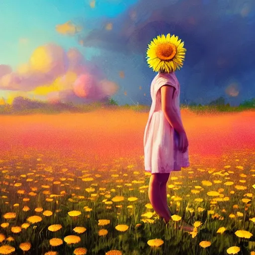 Prompt: head made of giant daisies, smiling girl standing barefoot in a vast flower field, arms outstretched, surreal photography, sunrise dramatic light, impressionist painting, colorful clouds, large sky, digital painting, artstation, simon stalenhag, flower face