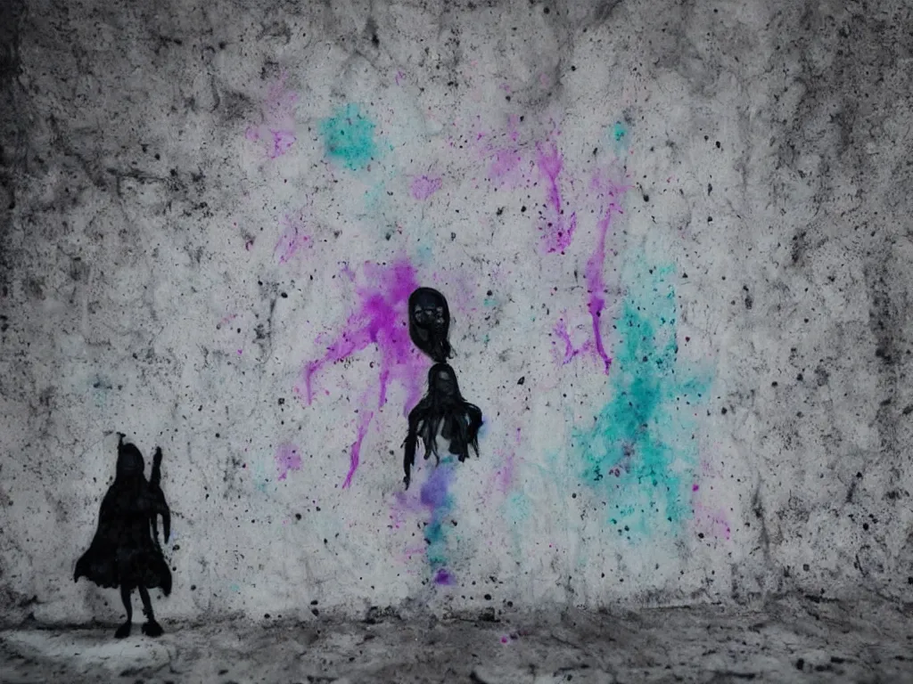 Prompt: ghost wraith apparition caught on camera, graffiti, cute fumo plush gothic black enigmatic maiden girl painted in spilt ink and washed watercolor, minimalist avant garde pop art, filmic, vignette, captured on canon eos r 6