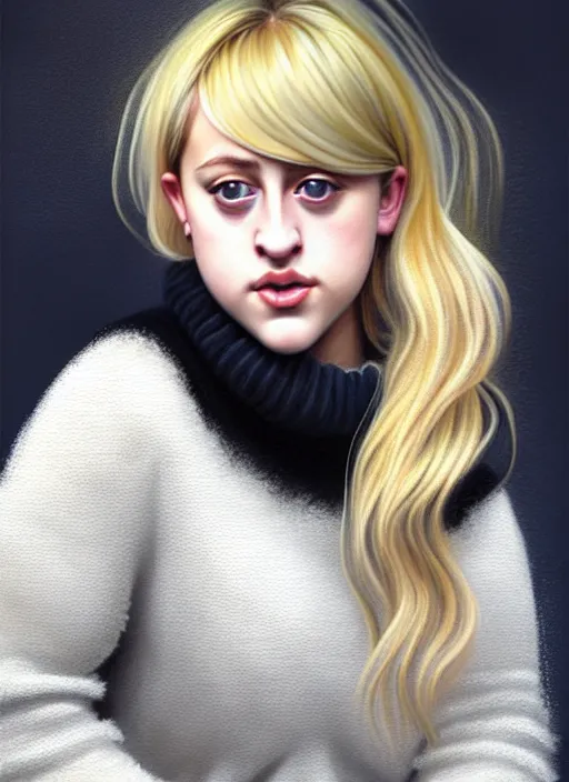 Image similar to full body portrait, teenage lili reinhart, blonde hair, obese, bangs, ponytail, sultry, realistic, sweater, fluffy bangs, fully clothed, curly bangs, fat, belly, intricate, elegant, highly detailed, digital painting, artstation, concept art, smooth, sharp focus, illustration, art by wlop, mars ravelo and greg rutkowski