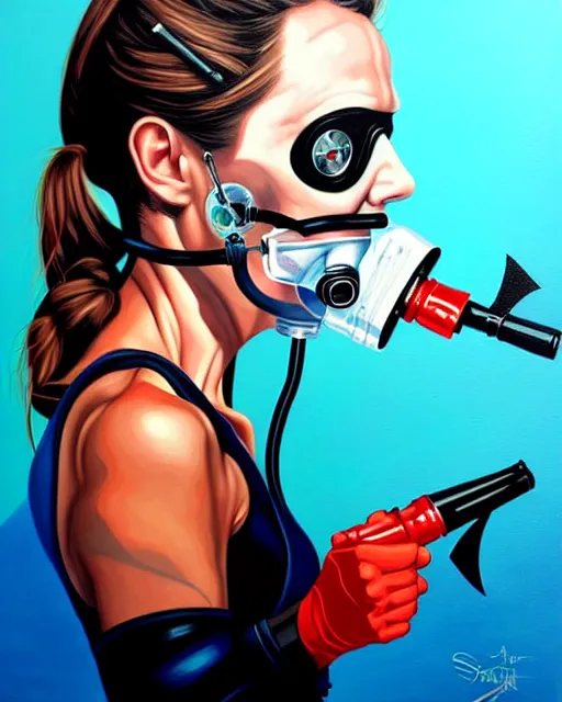 Image similar to portrait of a spy wearing oxygen mask with a harpoon with sea background with horror side profile by Sandra Chevrier