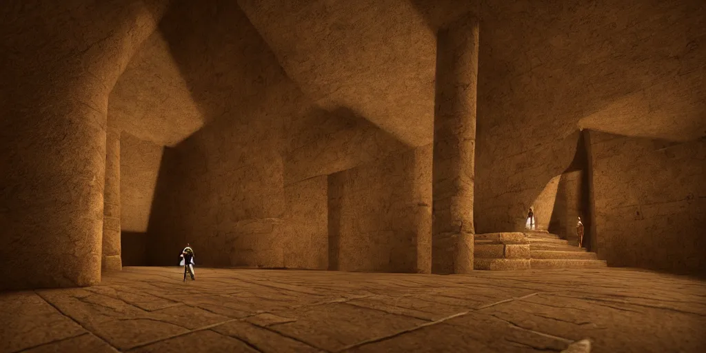 Prompt: A Egyptian Archeologist walking down a staircase into a dark Ancient decorated Egyptian Sandstone tomb, retrofuturism, texture, volumetric lighting, high details,