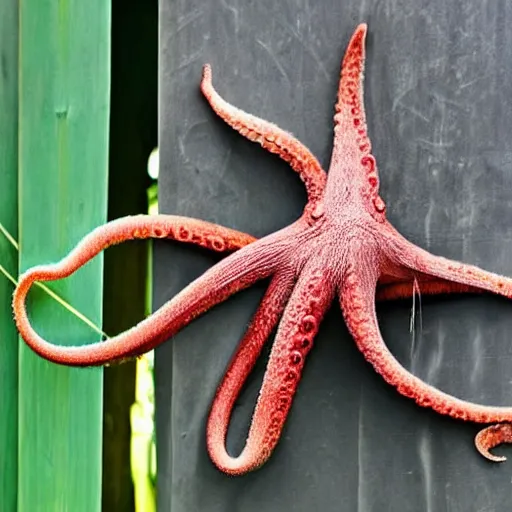 Prompt: an octopus wrapping his tentacles around a lucky bamboo plant outdoors in the sun