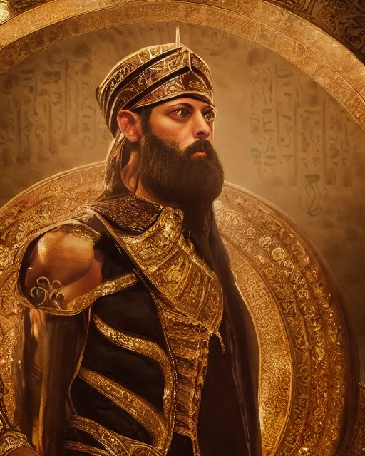 Prompt: xerxes of persia, oil painting, by, by, by, epic, intricate, octane render, matte, highly detailed, amazing lighting, big budget movie still, smooth, sharp, 8 k