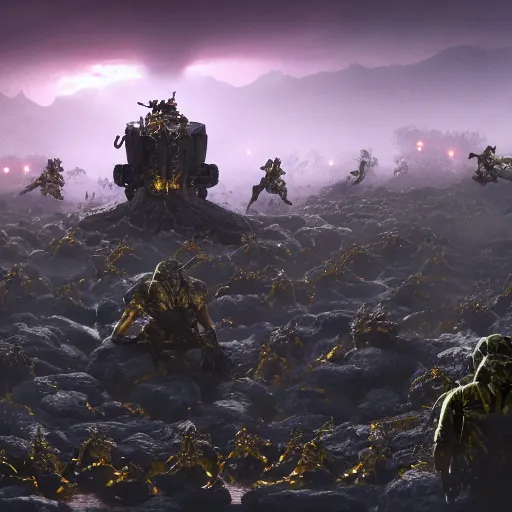 Prompt: an army of a thousand frog warriors in golden armour, apocalyptic, swamp, sky is full of stars and cinematic lightning, artstation, hyperrealistic, extremely detailed, 8 k, octane render, matte painting,