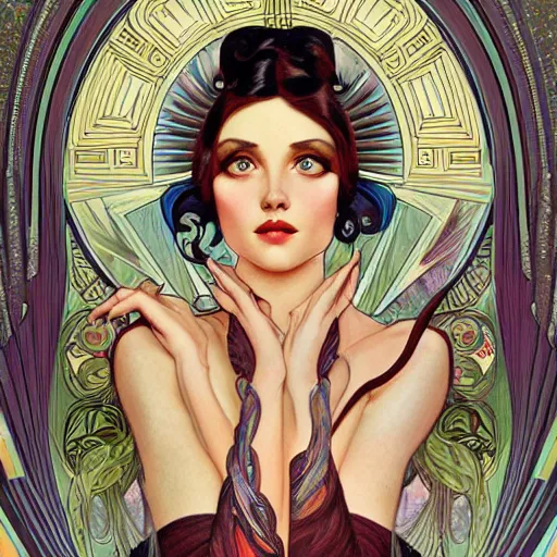 Image similar to an art deco portrait in the style of anna dittmann and donato giancola and alphonse mucha.